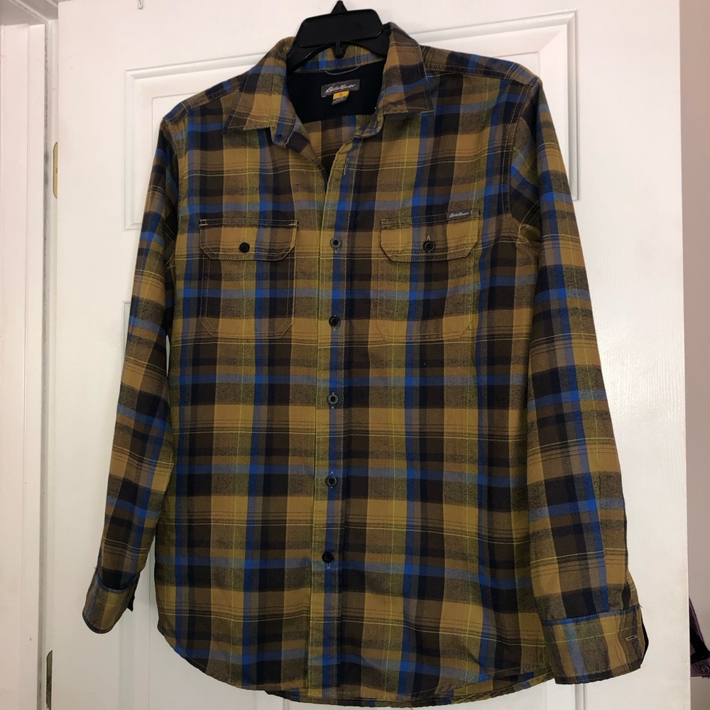 Eddie Bauer Men's Medium Flannel Plaid Gold Tan Long Sleeve Button Up Shirt EUC